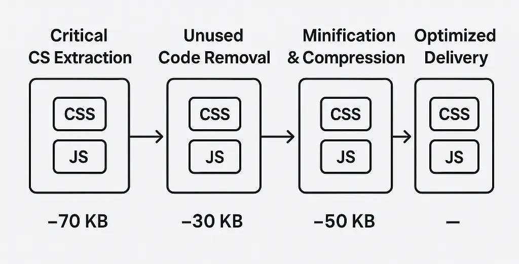 CSS-JavaScript-Optimization-Process CSS and JavaScript optimization process diagram showing code reduction and delivery improvements for website speed optimization