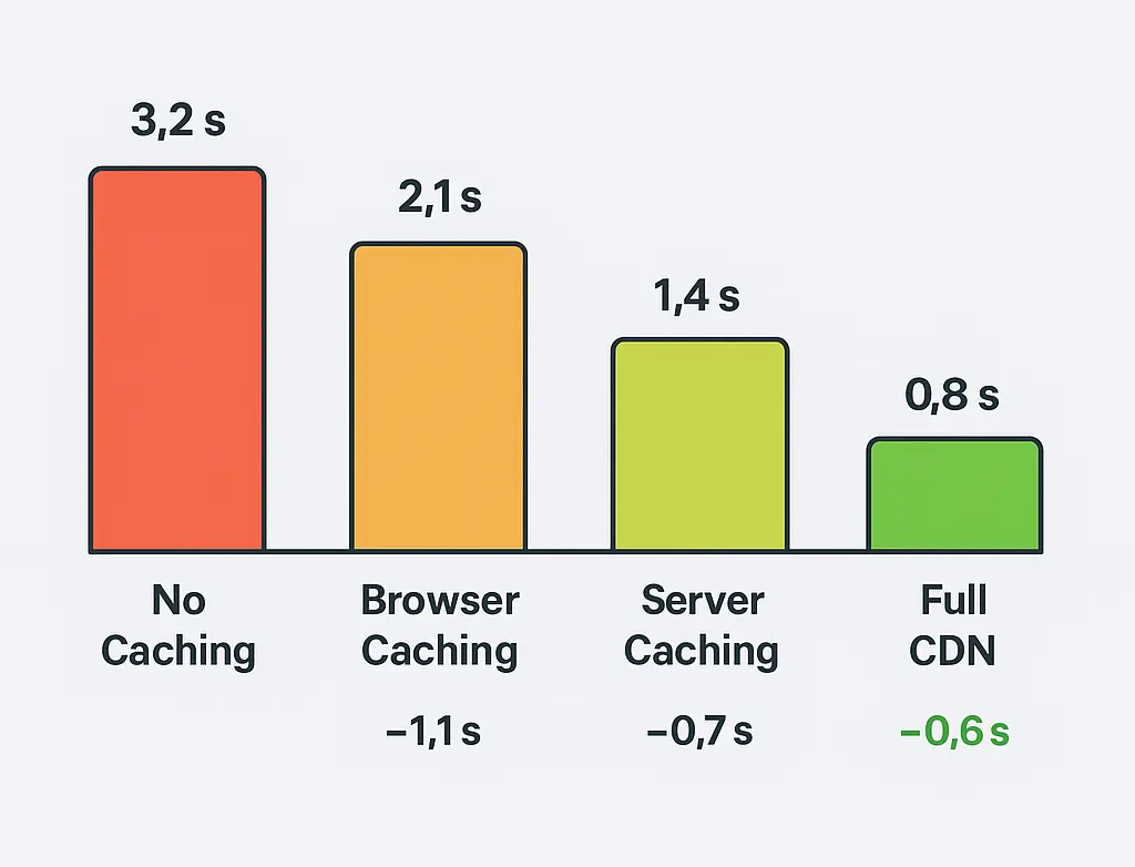 Caching-Strategy-Performance-Impact Website caching strategy performance impact showing load time reduction from 3.2 seconds to 0.8 seconds through optimization layers